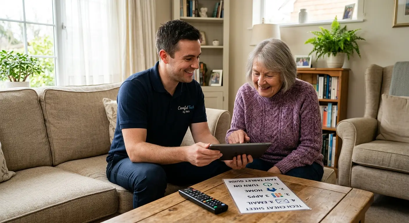 Nick patiently teaching an elderly client how to use a tablet at home